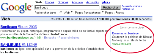 Campagne publicitaire de l'UMP dans Google
